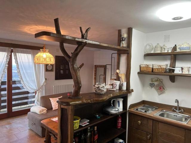 Kitchenette with a counter made from a tree branch